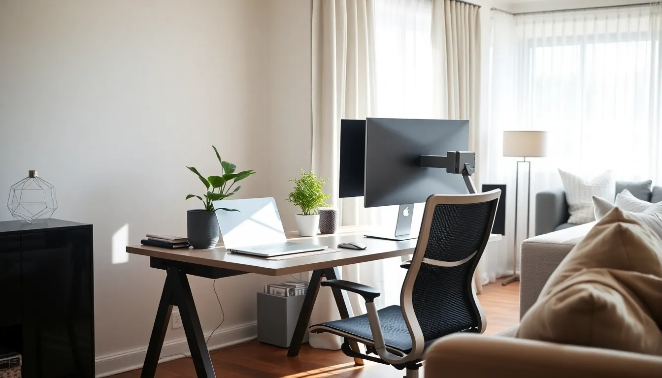 Modern home office with ergonomic setup and natural light.