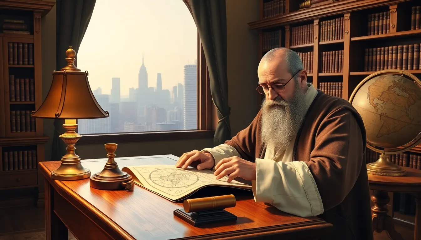 A historical figure studying celestial maps in a Renaissance-inspired study.