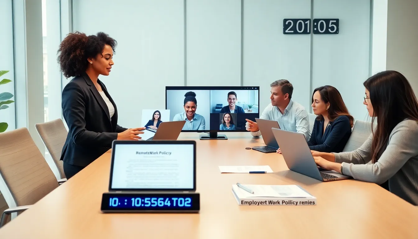 diverse team discussing remote work policies in a modern office.