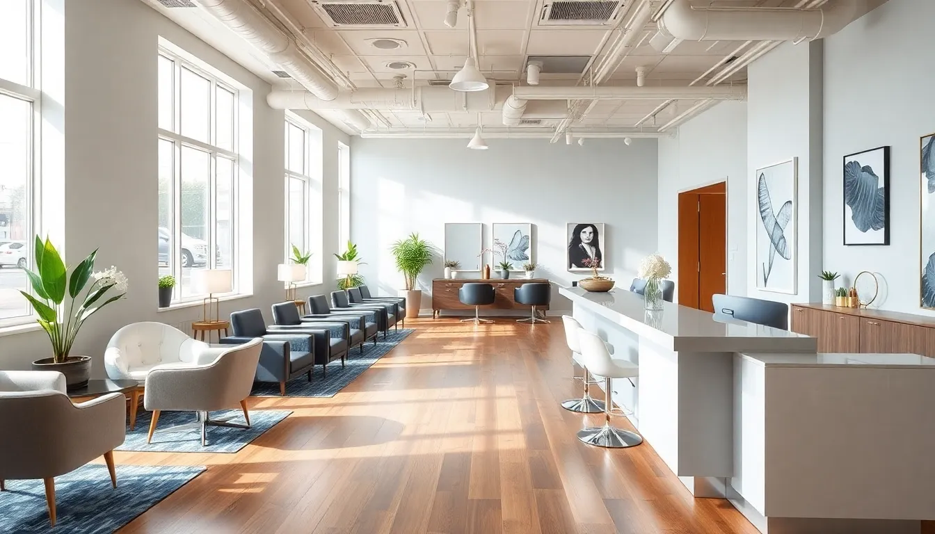 stylish salon interior with inviting decor and natural light.