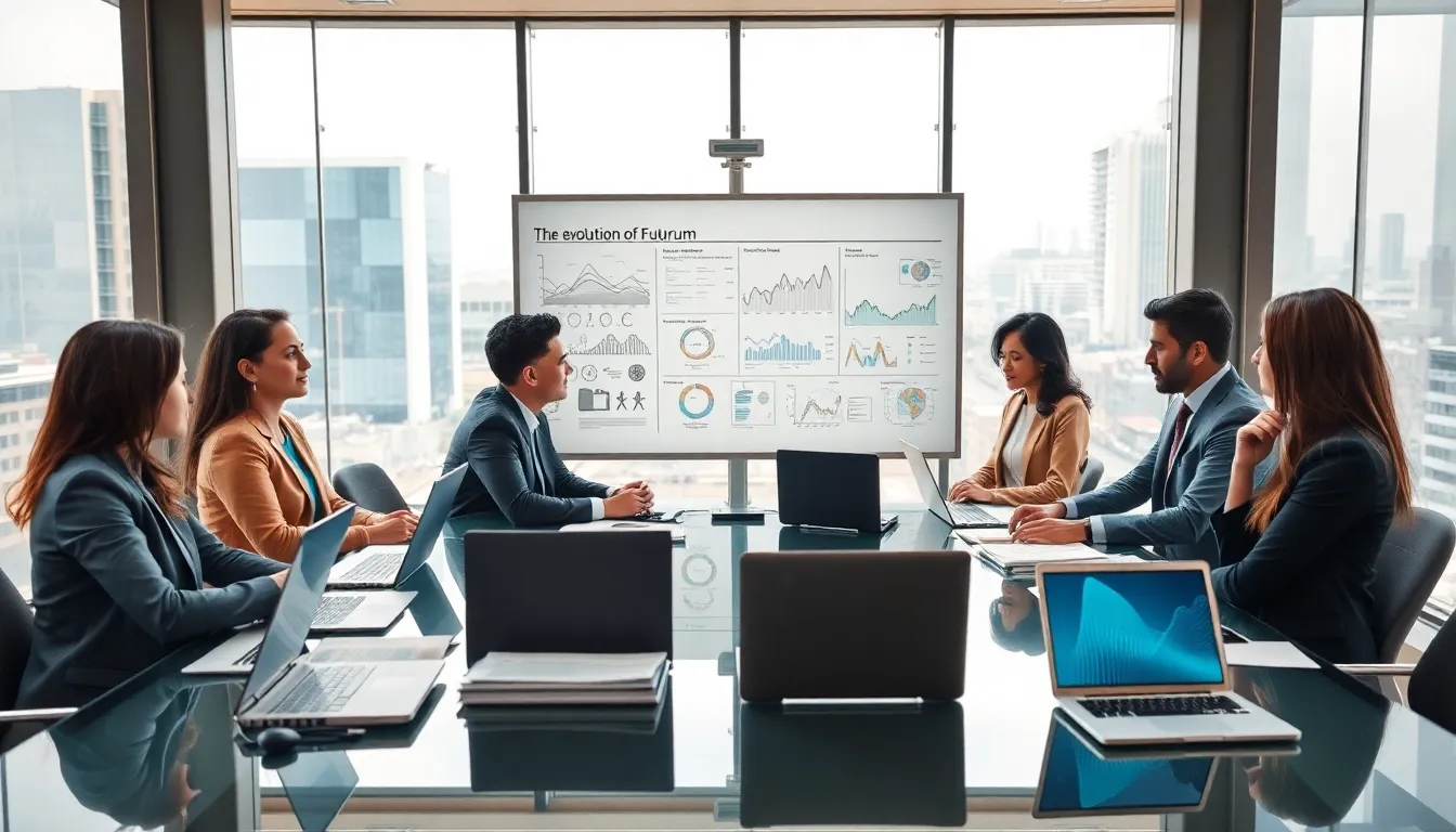 diverse professionals collaborating on futurism predictions in a modern conference room.