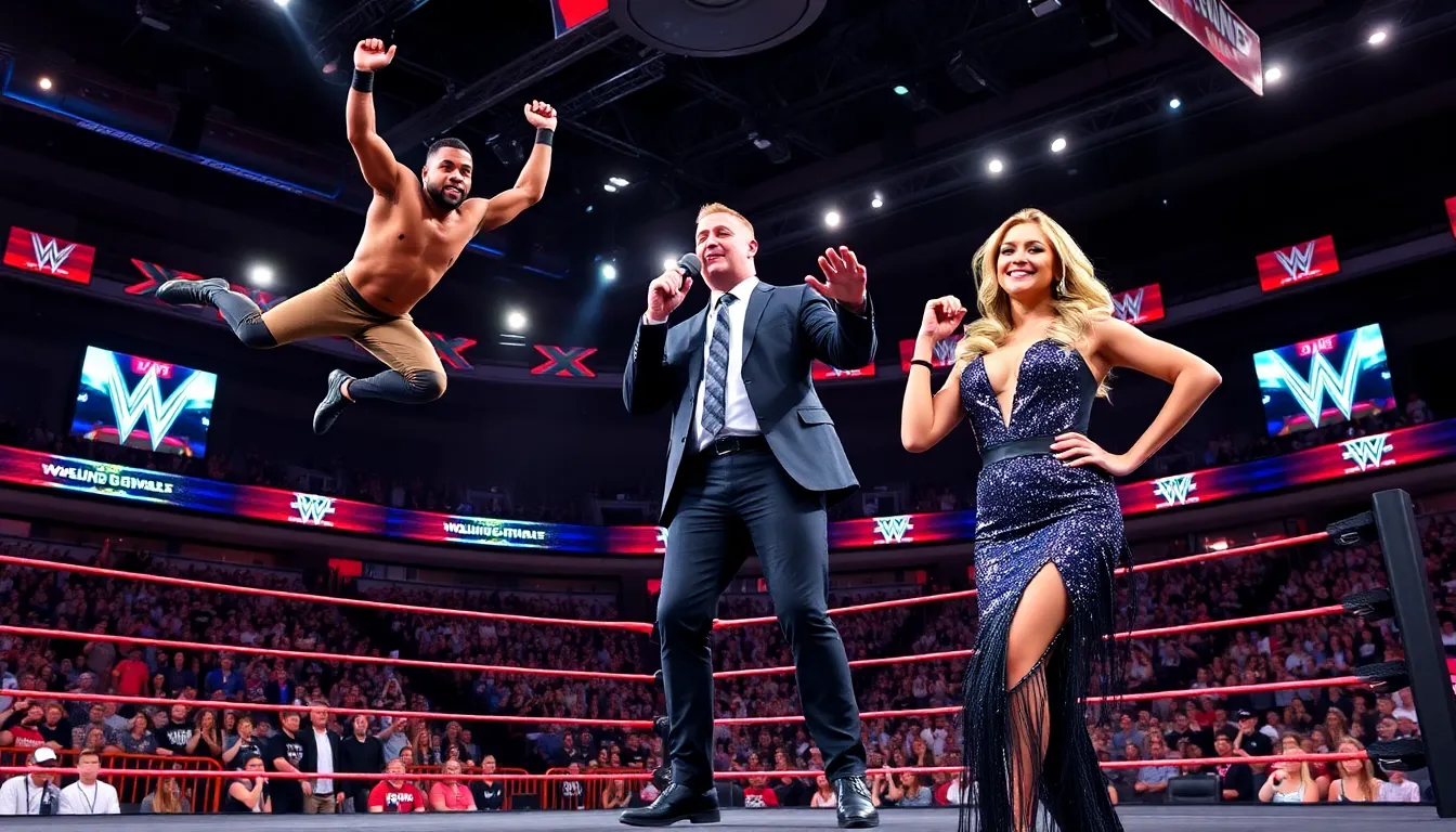 three emerging WWE stars in a vibrant wrestling arena.