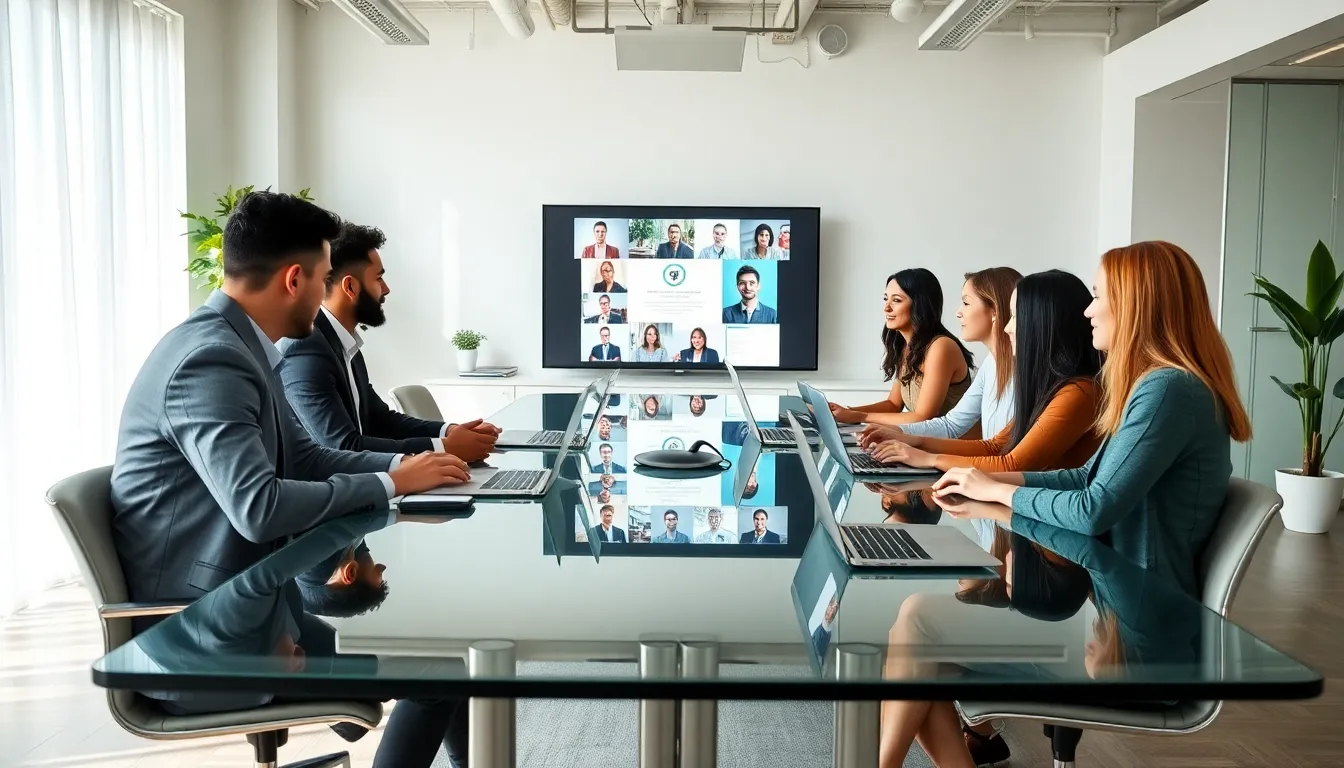 diverse team engaged in a virtual meeting in a modern office