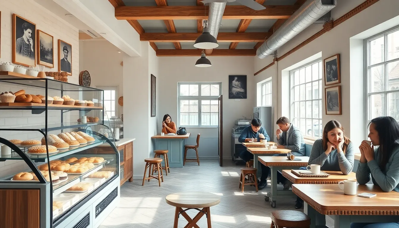 charming small bakery interior featuring vintage and modern design elements.